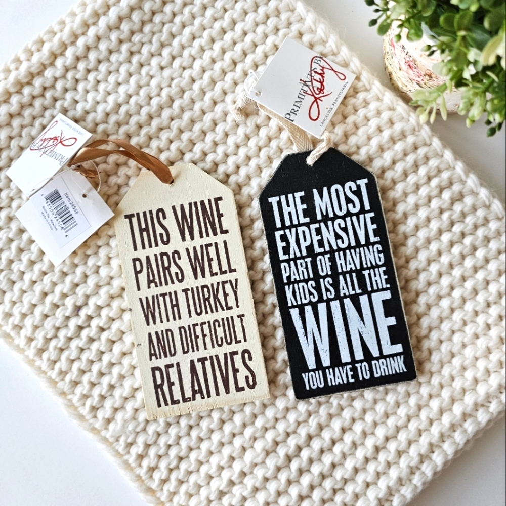 Primitives by Kathy Set of 2 Trimmed Wooden Wine Bottle Tags, Brand New